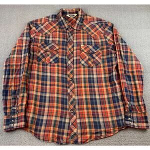 Salt Valley Western Shirt Men XL Orange Plaid Pearl Snap Long Sleeve Pockets
